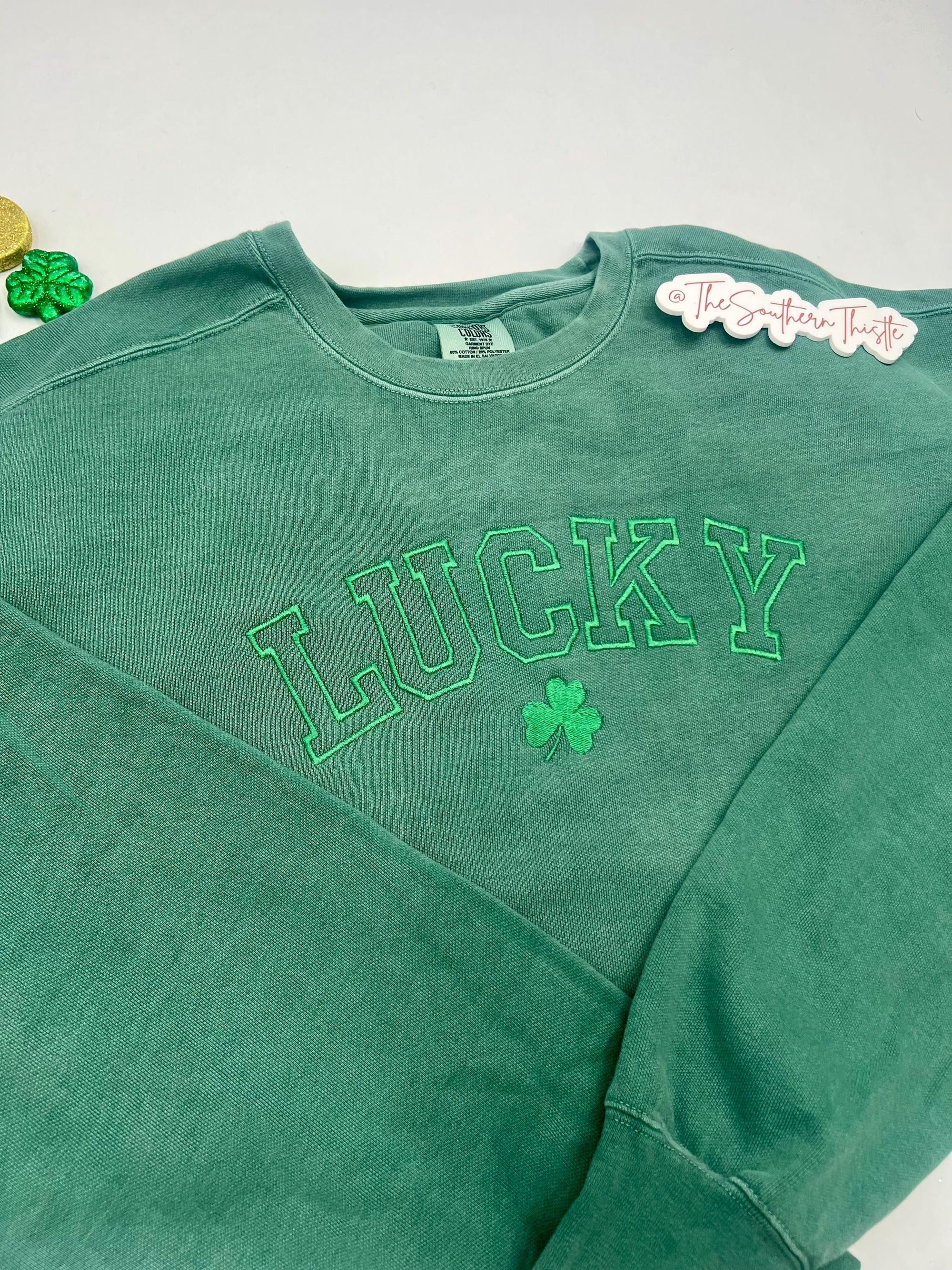 Classic Shamrock Lucky Embroidered Sweatshirt – Bold Outline Font