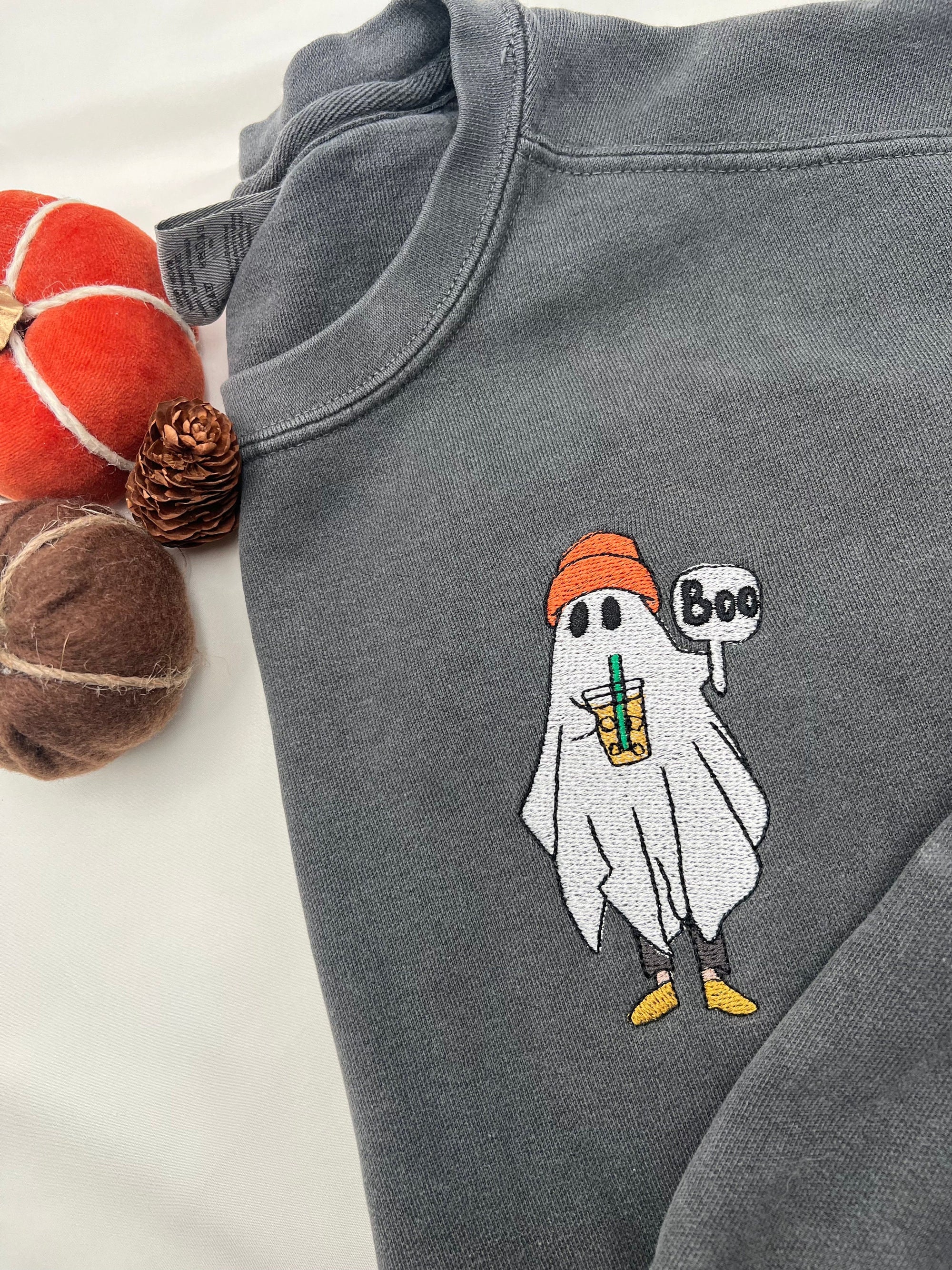 Boba Ghost Embroidered Sweatshirt – Cute Halloween Pullover