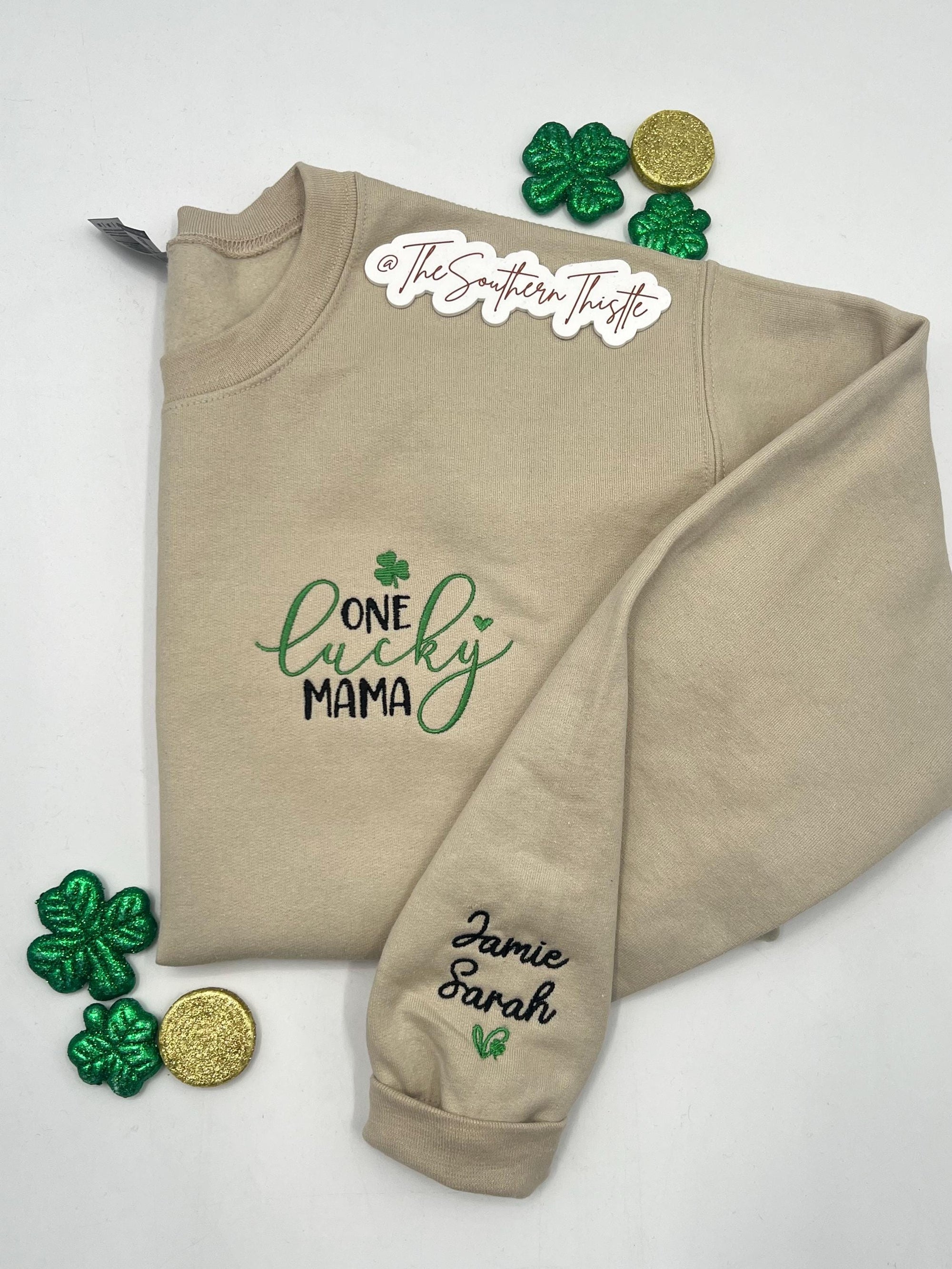 Lucky Mama Sweatshirt One Lucky Mama Sweatshirt - Custom Names on Sleeve - St. Patrick's Day Gift - Perfect for New Moms - Unique Mom Gift