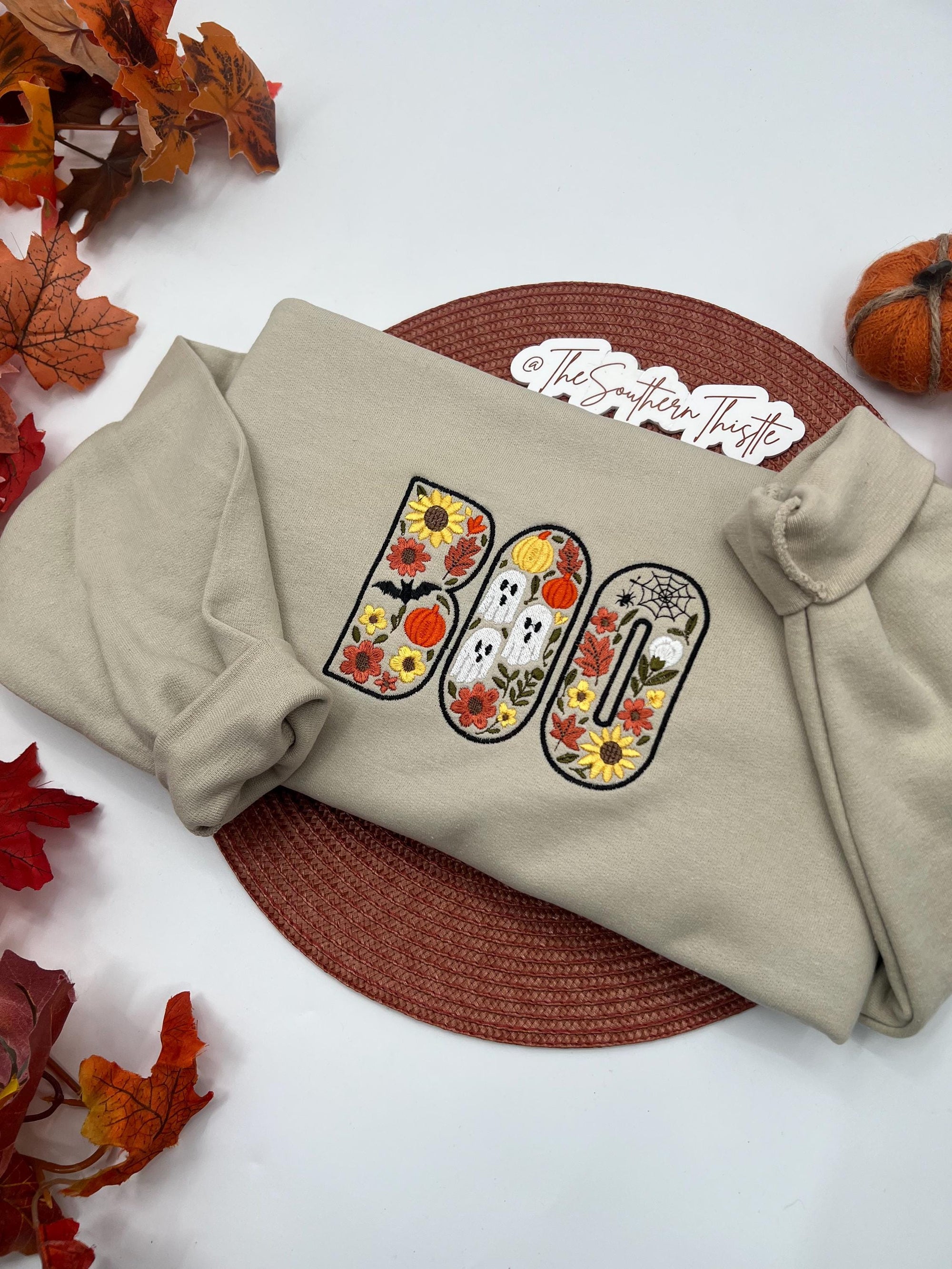 Embroidered BOO Halloween Sweatshirt – Cute Fall Pullover with Flowers and Ghosts