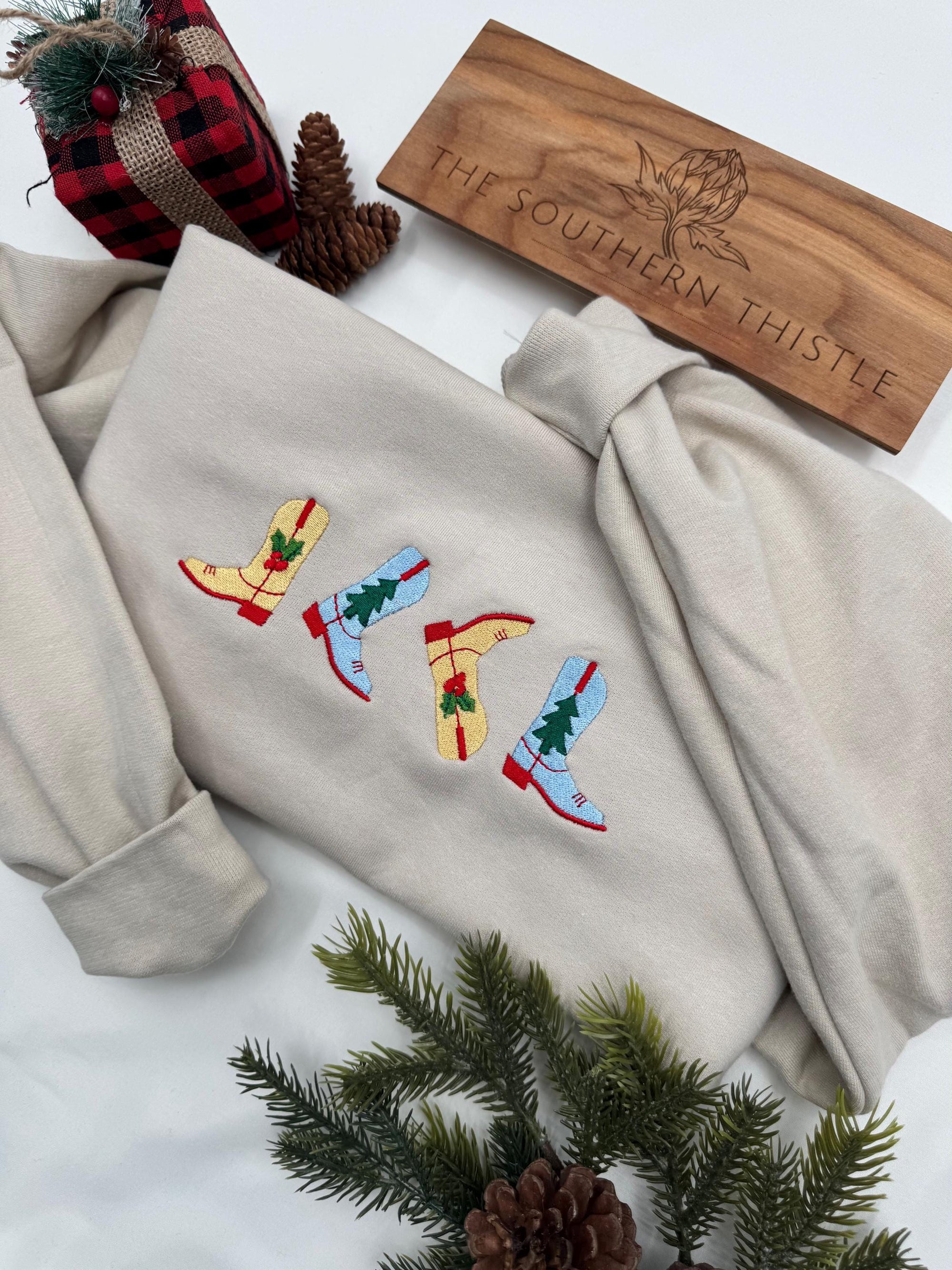 Western Christmas Boots Embroidered Sweatshirt – Festive Holiday Cowboy Crewneck