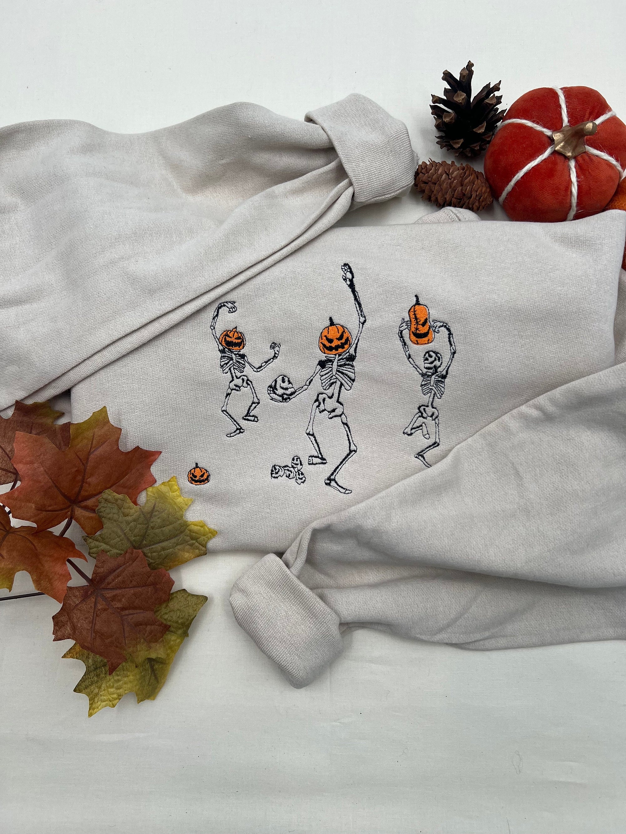 Dancing Skeletons Embroidered Sweatshirt – Halloween Pullover with Pumpkin Heads