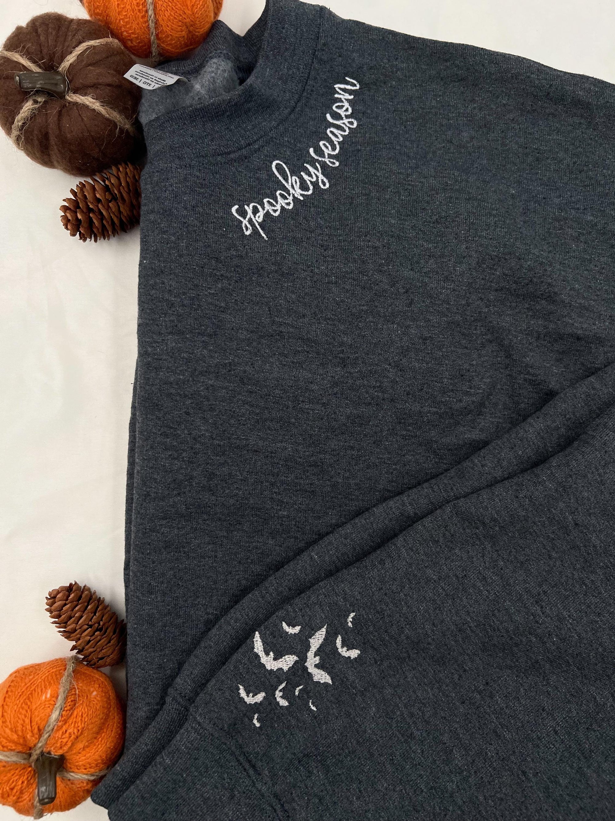 Spooky Season Embroidered Sweatshirt – Halloween Pullover with Bat Design