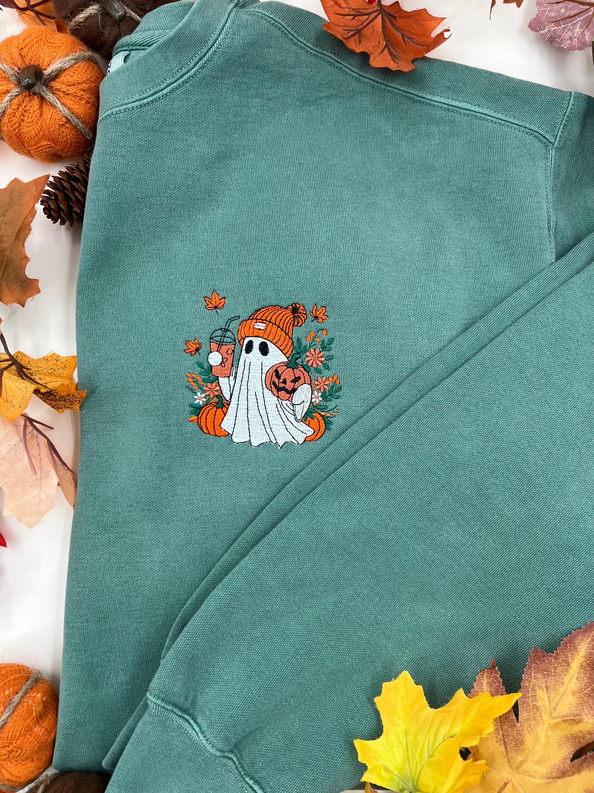 Fall Ghost Embroidered Sweatshirt - Halloween Sweatshirt, Embroidered Ghost, Halloween Crewneck, Cute Ghost Shirt, Fall Sweatshirt