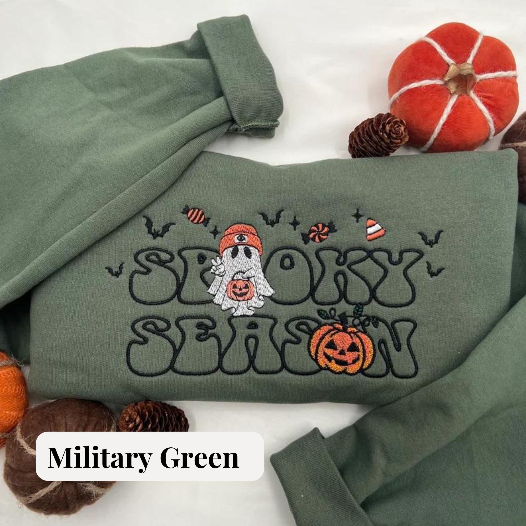 Spooky Season Embroidered Sweatshirt – Cute Ghost and Pumpkin Halloween Pullover