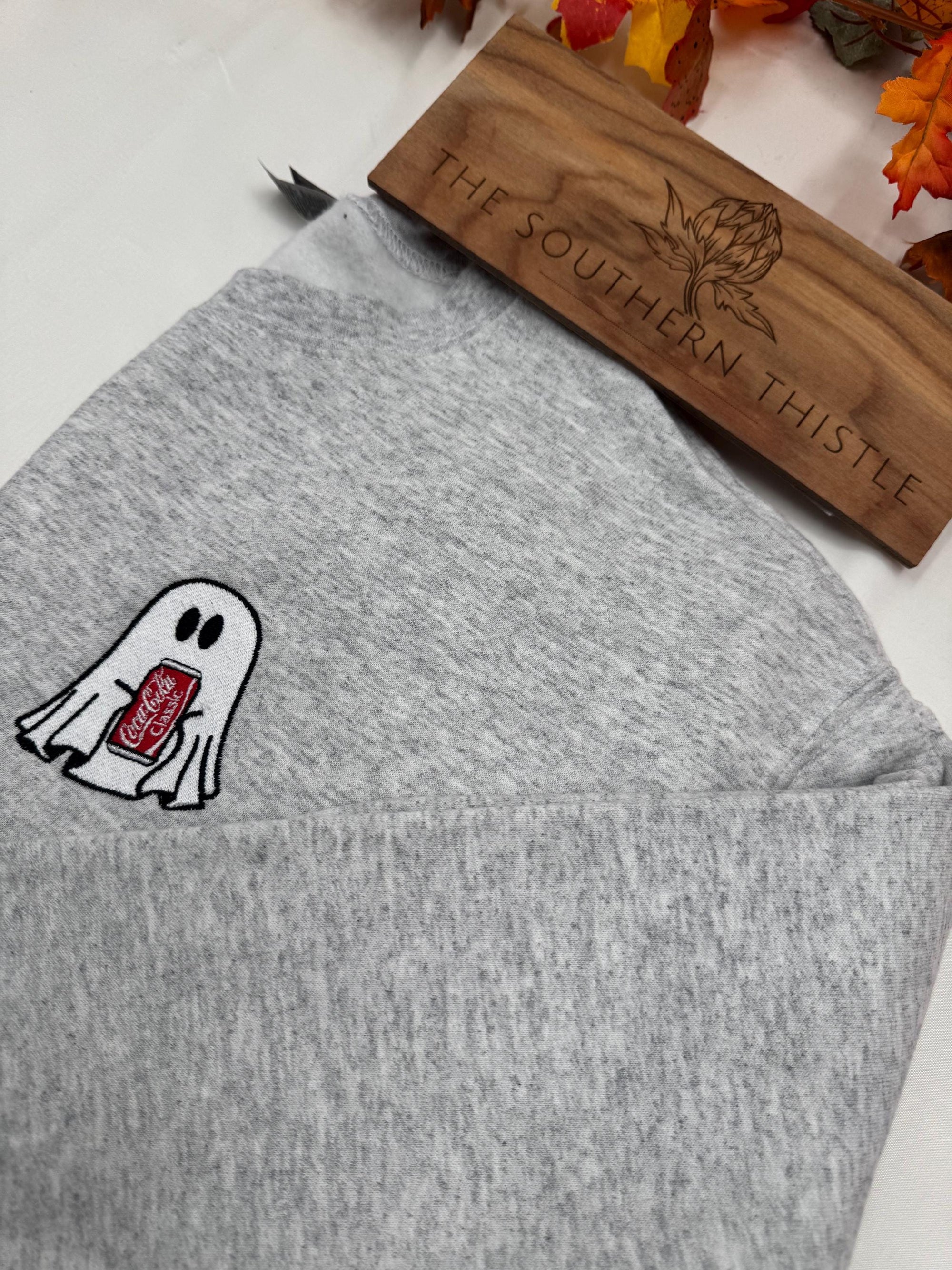 Embroidered Ghost Full Soda Sweatshirt - Embroidered Ghost, Fall Sweatshirt, Cute Ghost Sweatshirt, Halloween Crewneck, Halloween Shirt