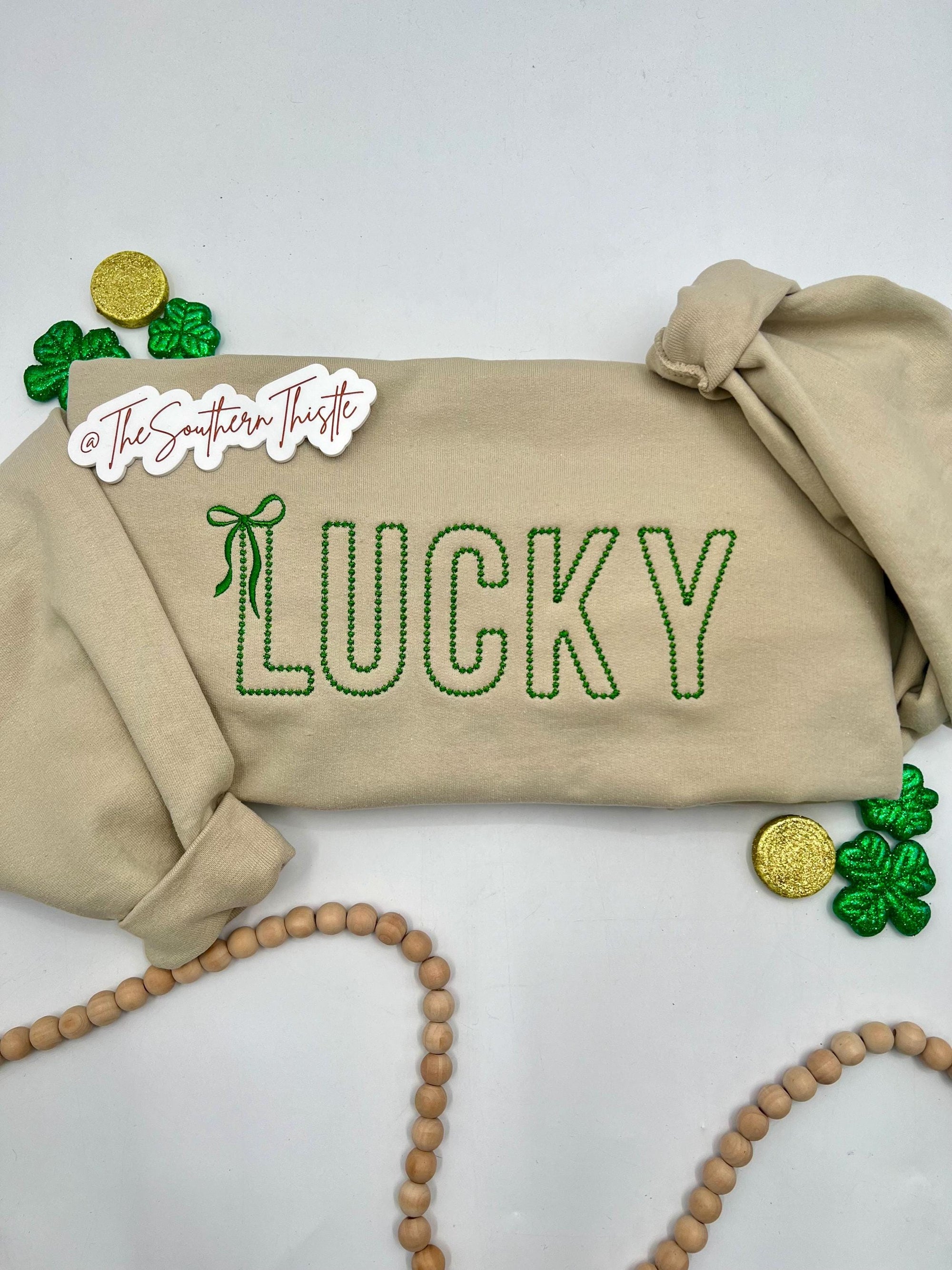 Lucky Bow Embroidered Sweatshirt – Stitched Lettering with Bow Accent