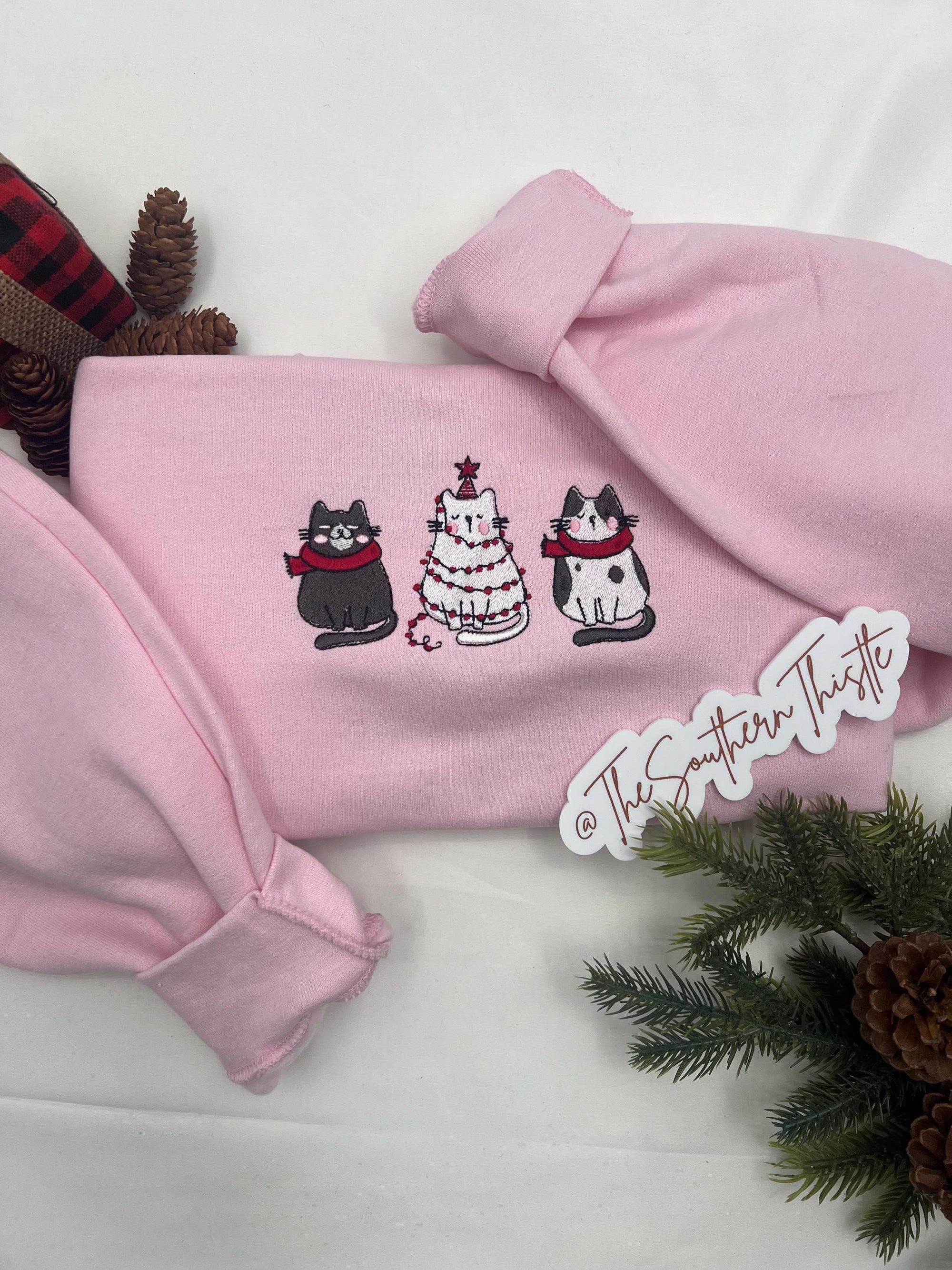 Embroidered Christmas Cat Sweatshirt - Vintage Holiday Sweater for Cat Lovers  Best Friends