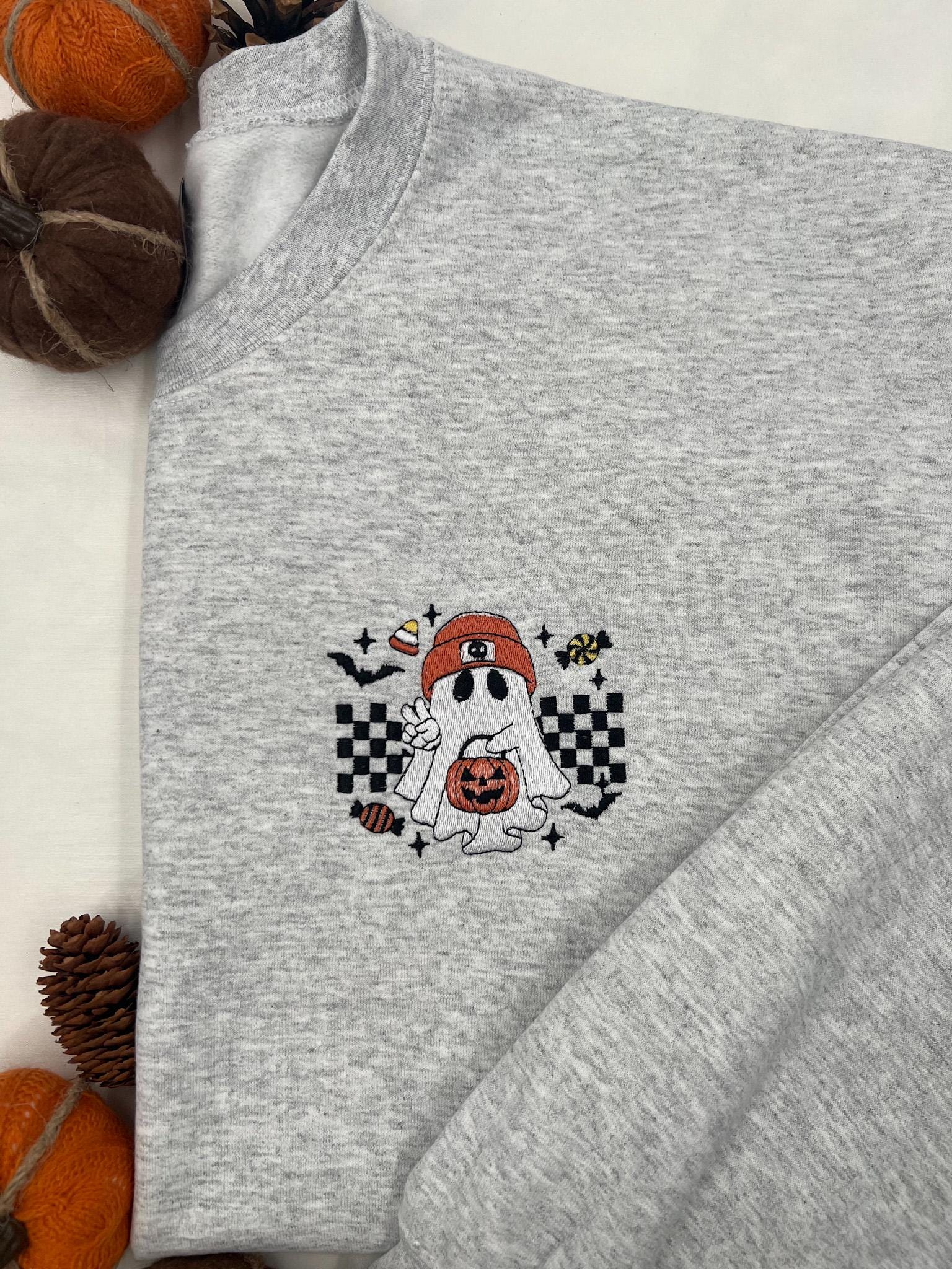 Checkered Ghost Embroidered Sweatshirt – Cute Halloween Pullover