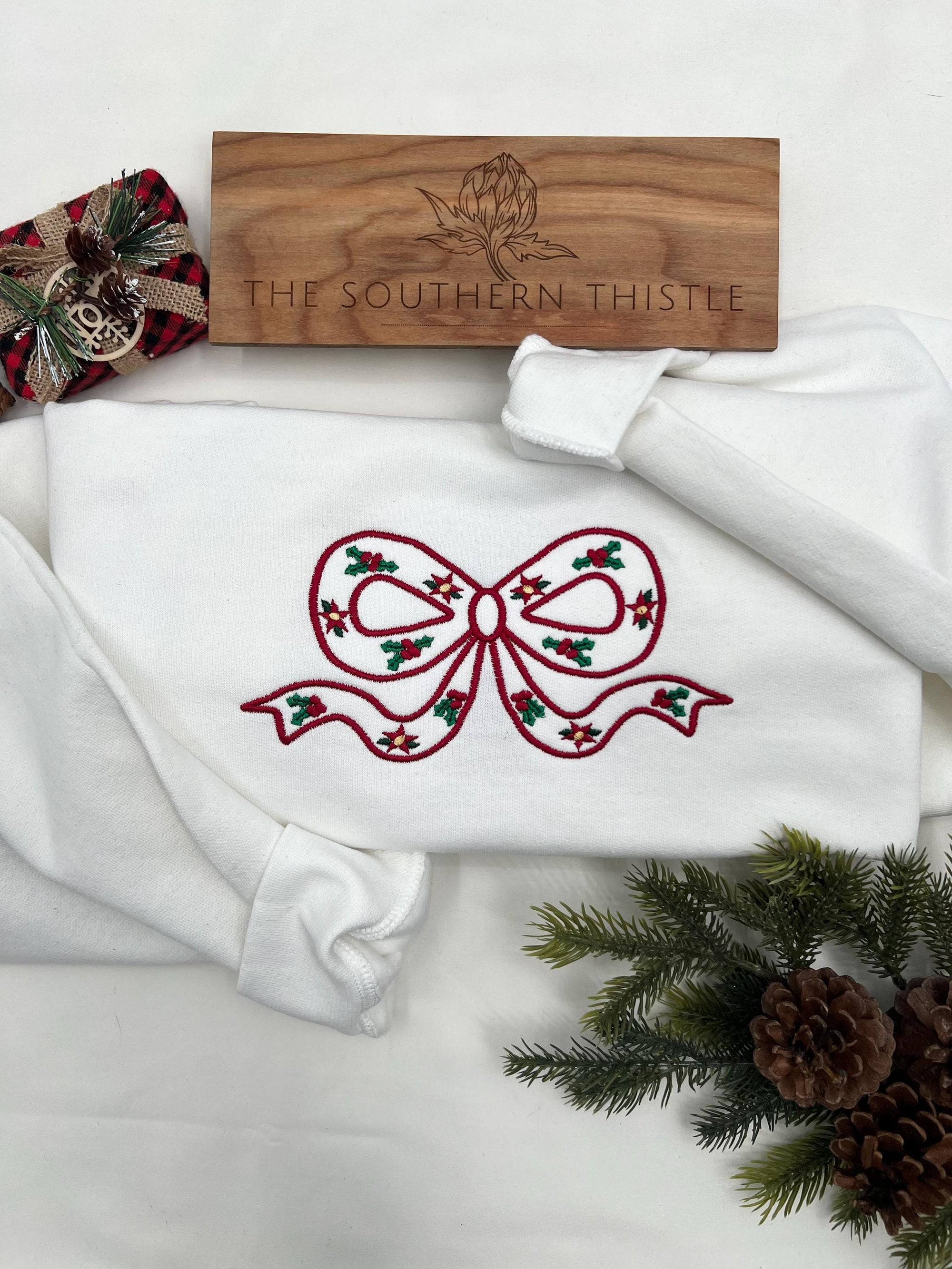Embroidered Christmas Bow Sweatshirt - Custom Xmas Gift - Holiday Sweatshirt - Gift for Her - Bow Sweatshirt - Trendy Coquette Bow