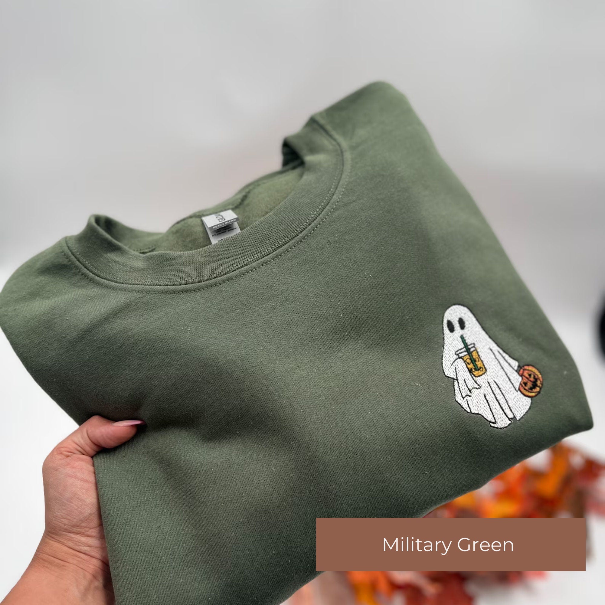 Pumpkin Ghost with Iced Coffee Embroidered Sweatshirt – Spooky Cute Halloween Pullover