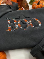 BOO Embroidered Halloween Sweatshirt – Spooky Pullover with Pumpkins, Skulls, and Bats