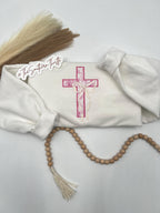 Pink Cross Embroidered Sweatshirt – Floral Faith-Inspired Crewneck