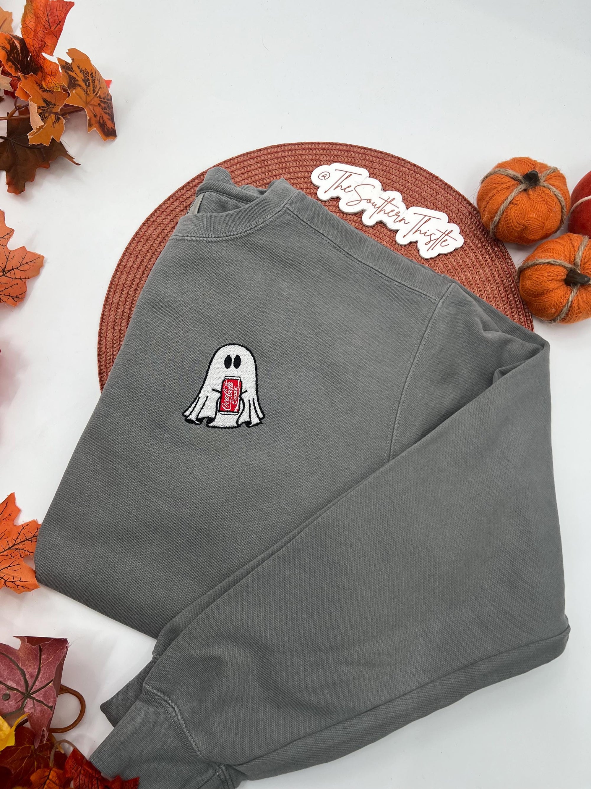 Ghost with Classic Soda Embroidered Sweatshirt – Cute Halloween Pullover