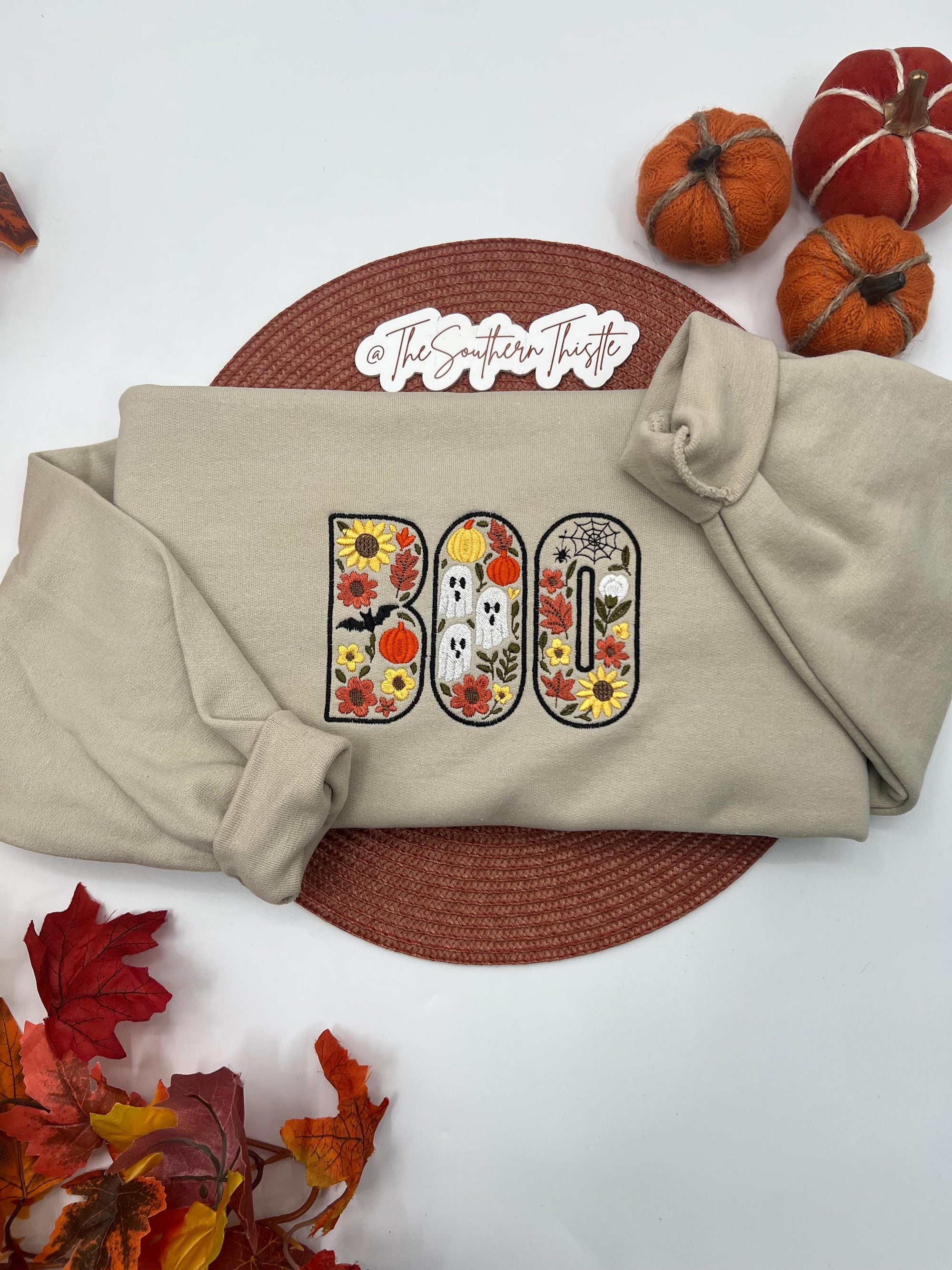 Embroidered BOO Halloween Sweatshirt – Cute Fall Pullover with Flowers and Ghosts