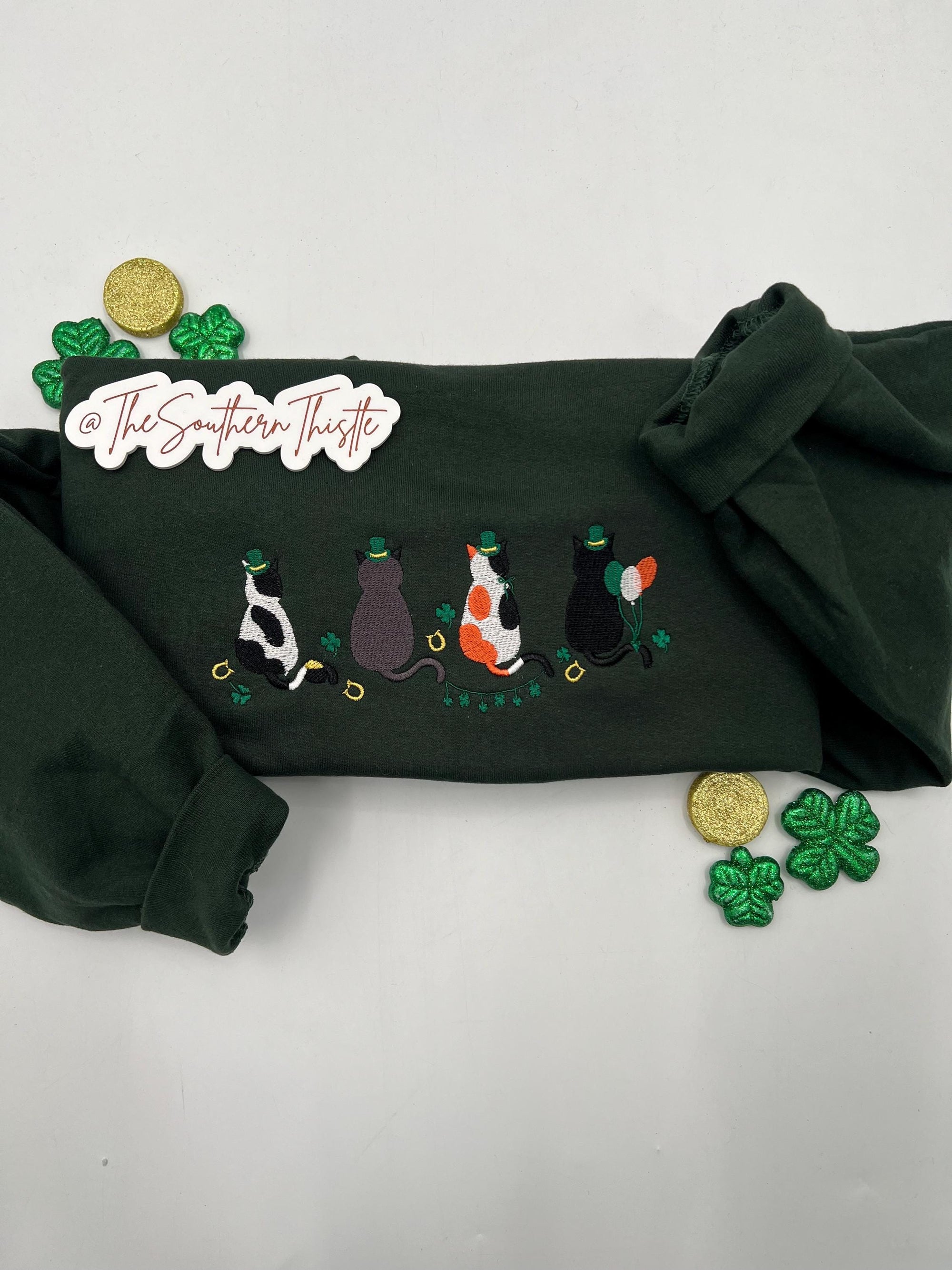 St. Patrick’s Day Lucky Cats Embroidered Sweatshirt – Festive Irish Crewneck