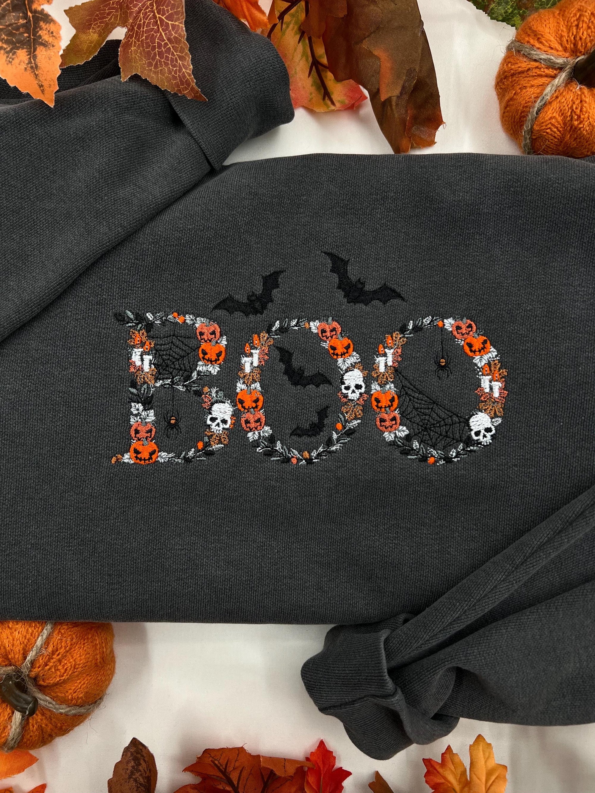 BOO Embroidered Halloween Sweatshirt – Spooky Pullover with Pumpkins, Skulls, and Bats