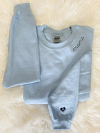 Collar Mama Script Embroidered Sweatshirt – Navy Crewneck with Tiny Red Heart Detail