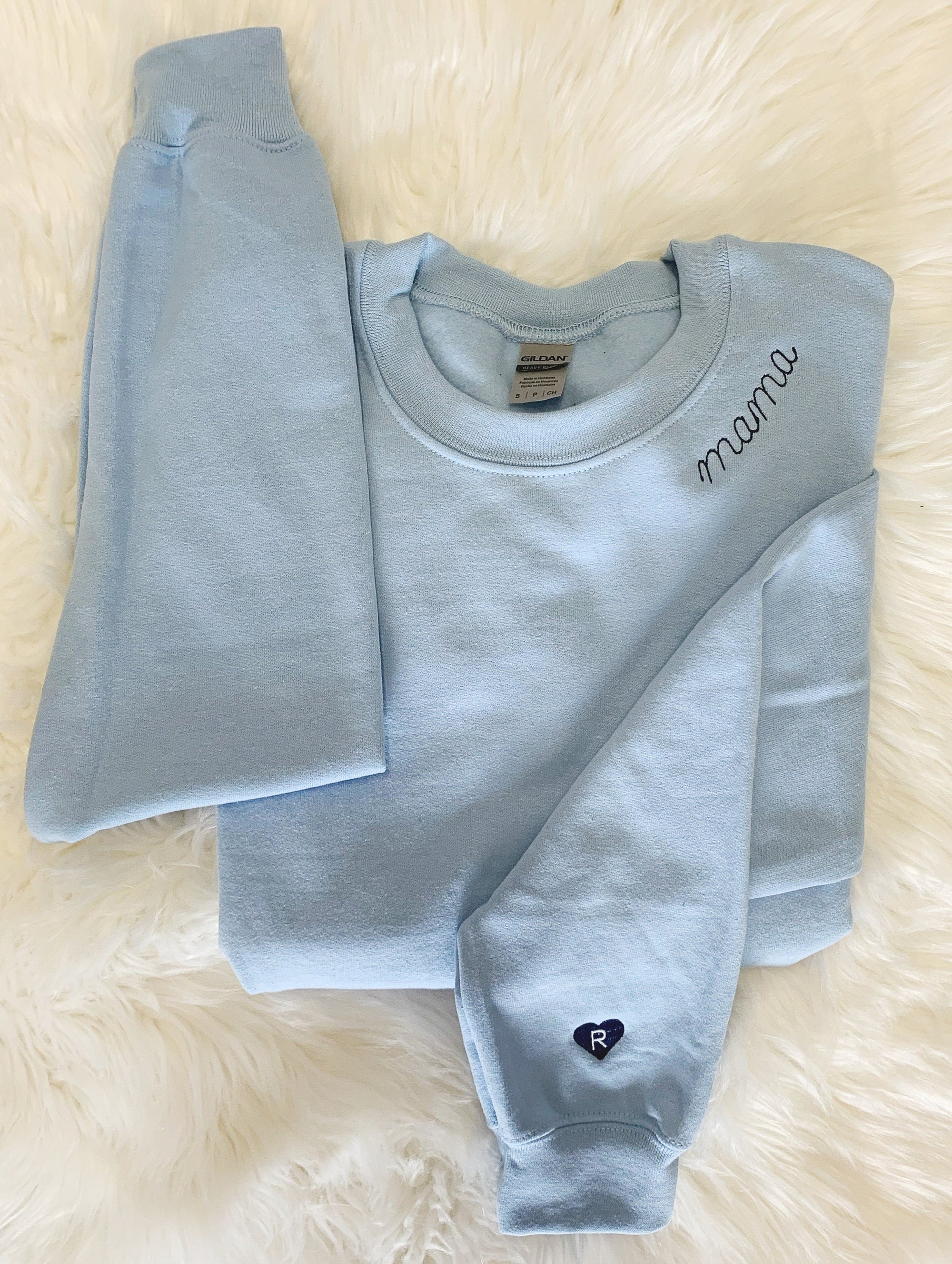 Collar Mama Script Embroidered Sweatshirt – Navy Crewneck with Tiny Red Heart Detail