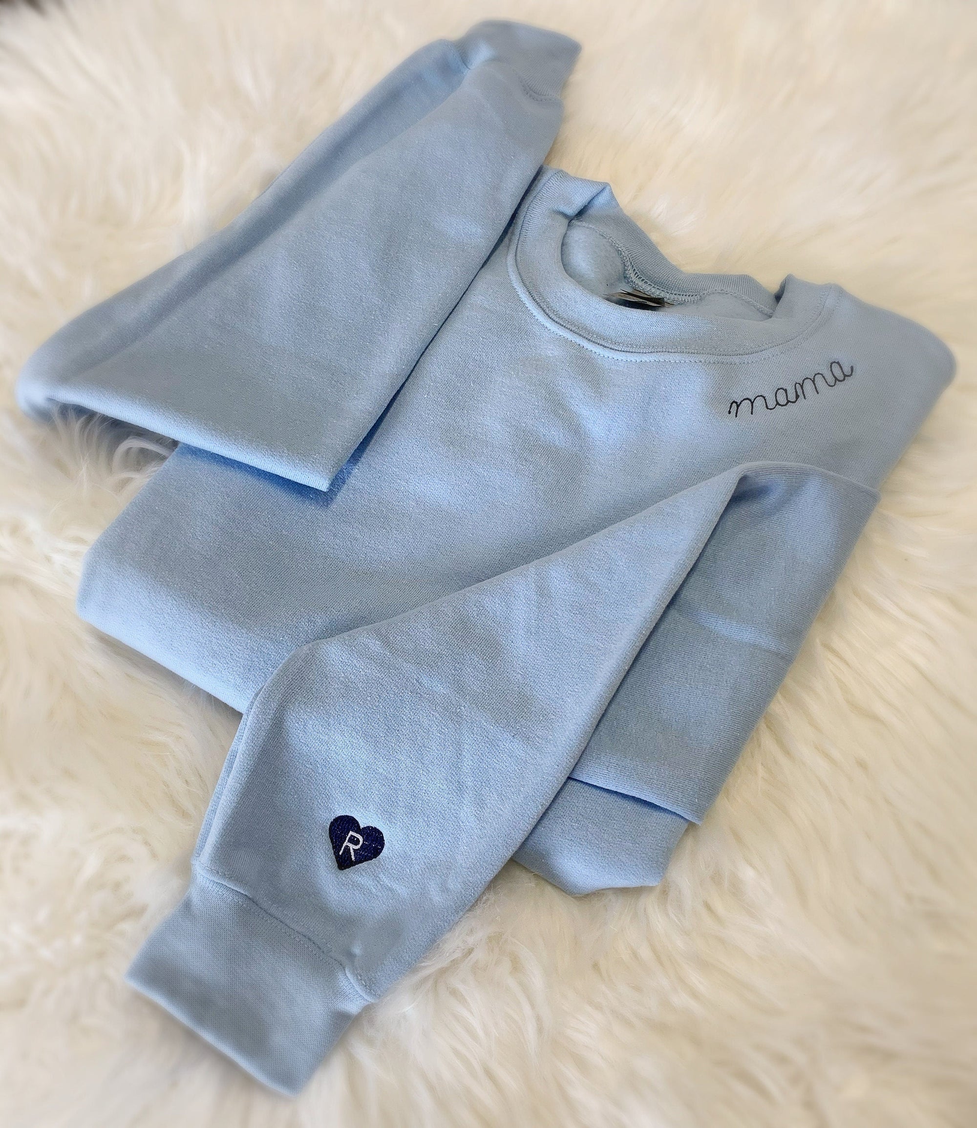 Collar Mama Script Embroidered Sweatshirt – Navy Crewneck with Tiny Red Heart Detail