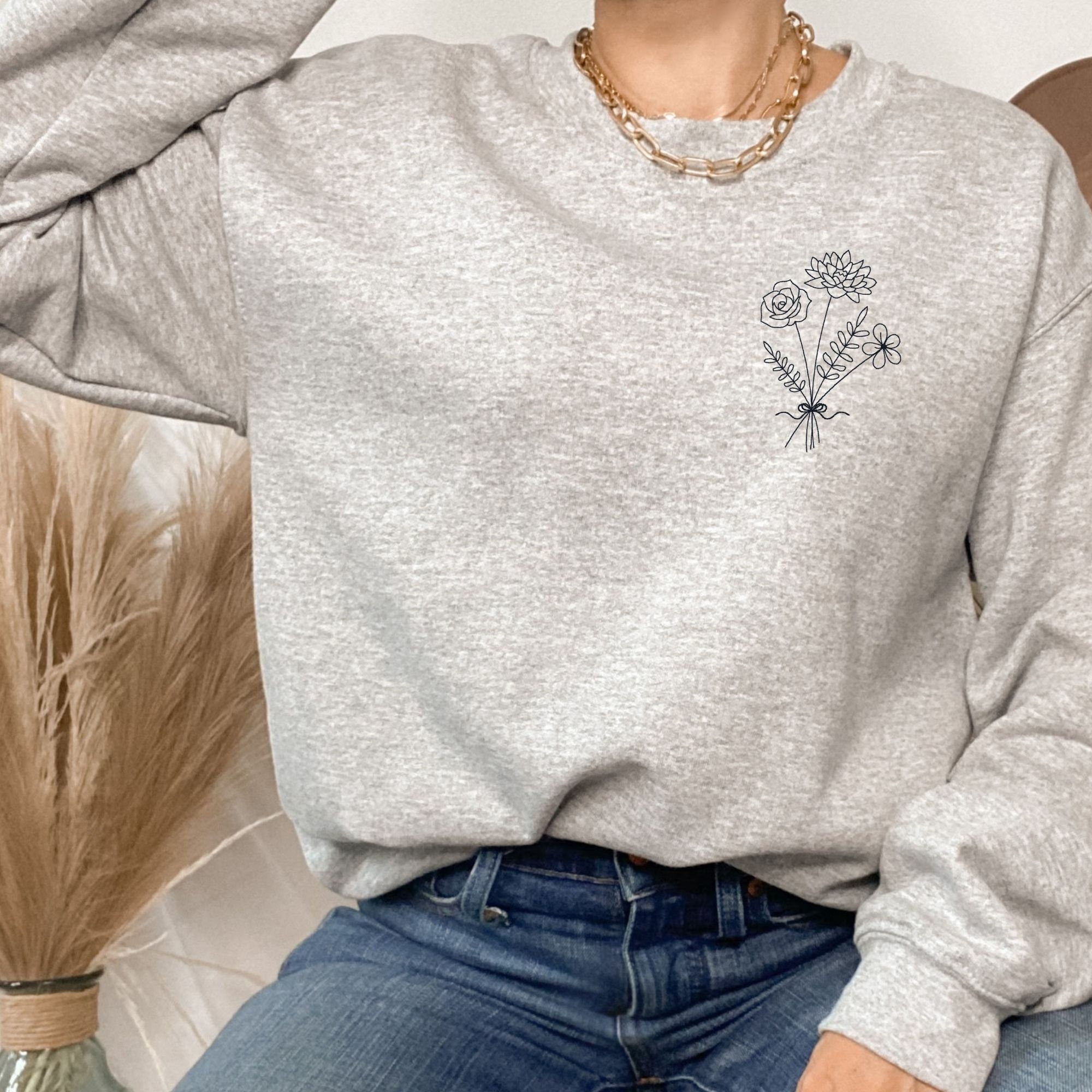 Build Your Own Bouquet Birth Flower Embroidered Sweatshirt – Personalized Floral Crewneck