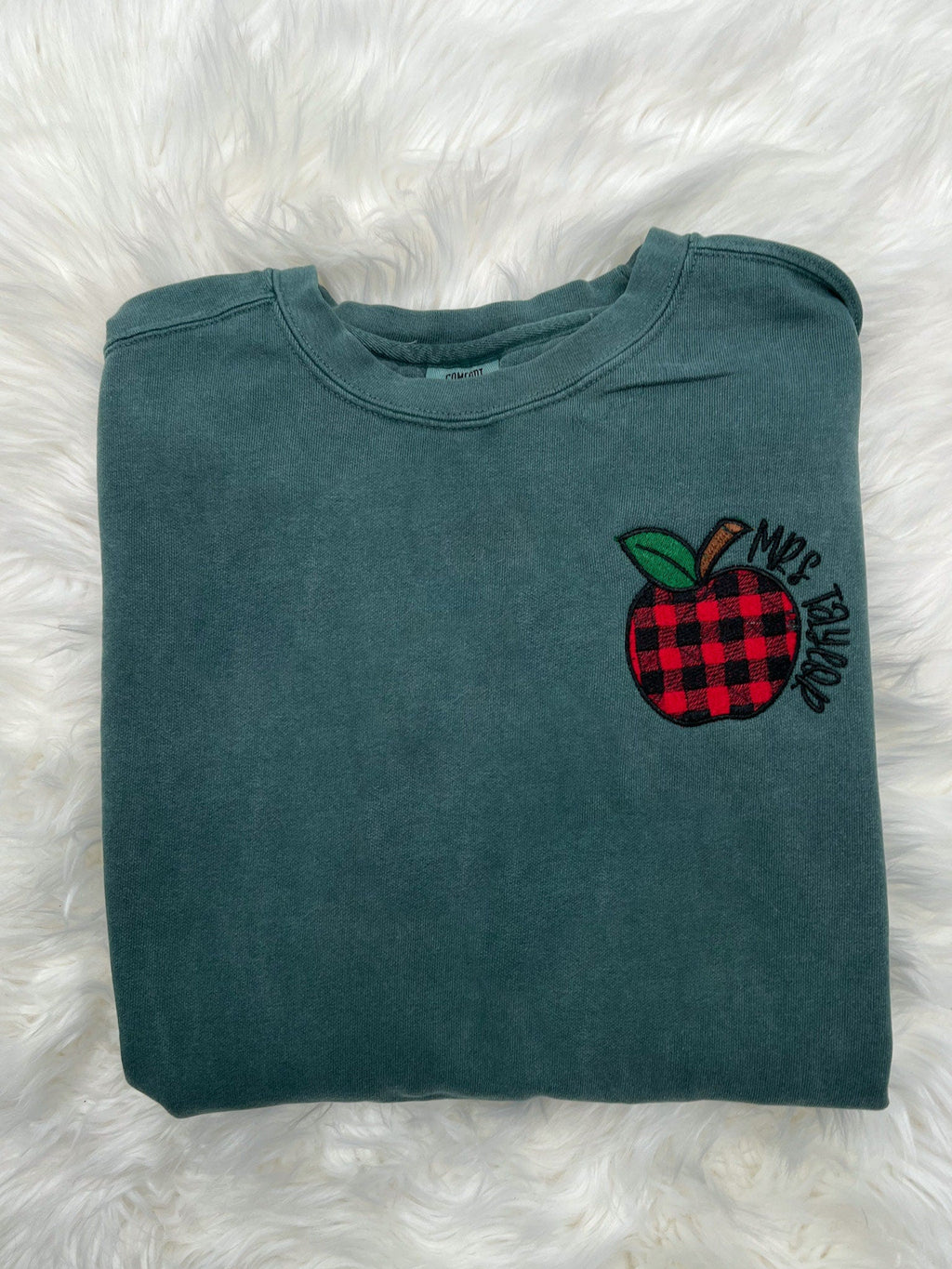 Customizable Plaid Apple Embroidered Sweatshirt – Cozy Teacher Crewneck