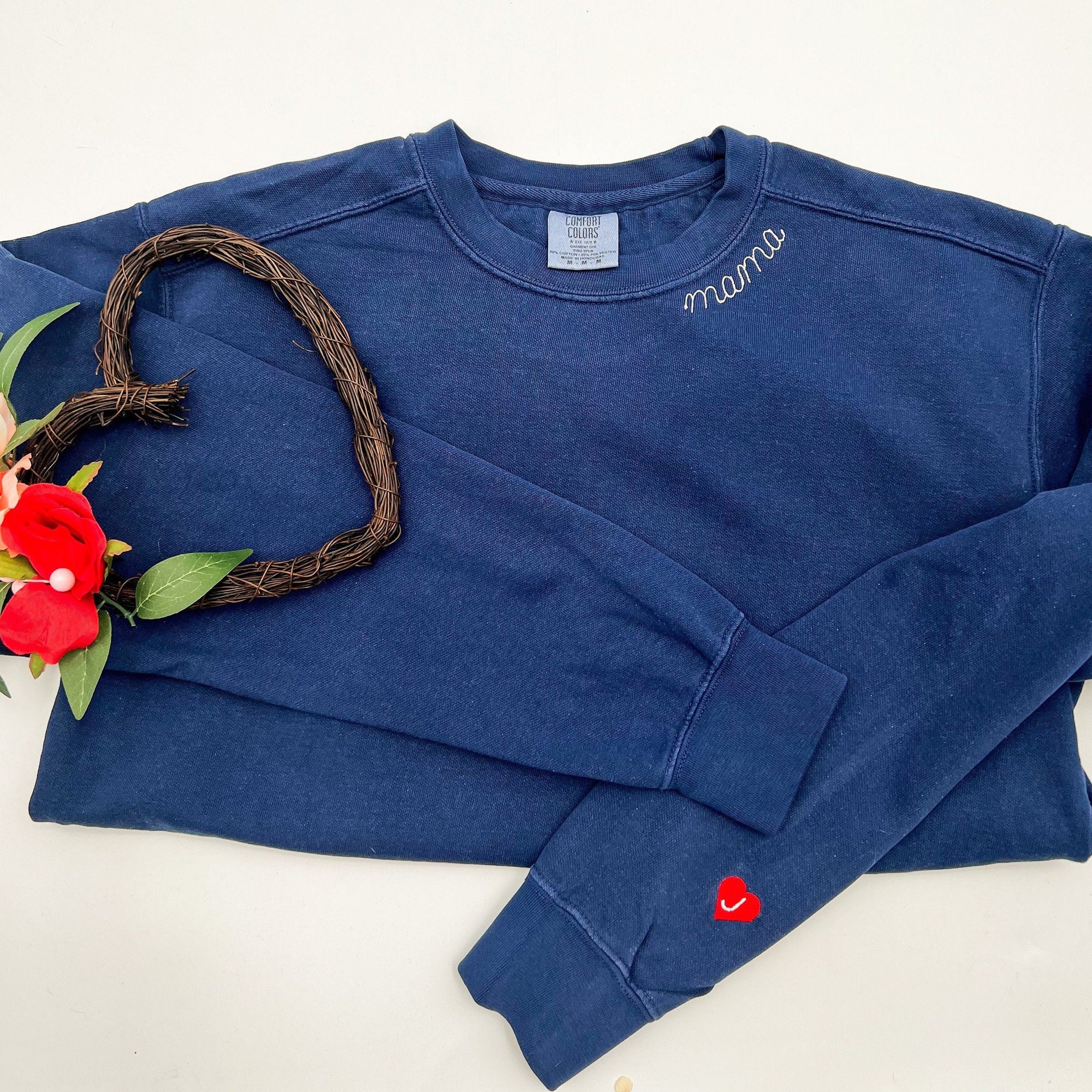 Collar Mama Script Embroidered Sweatshirt – Navy Crewneck with Tiny Red Heart Detail