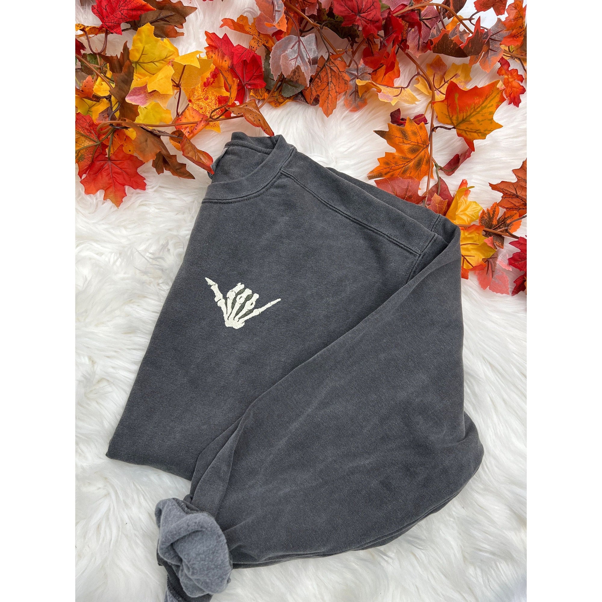 Skeleton Hand Embroidered Sweatshirt – Spooky Minimalist Crewneck