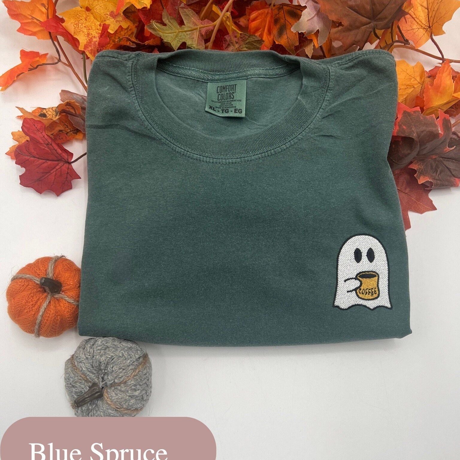 Embroidered Coffee Ghost Tee - Spooky Halloween Coffee Shirt