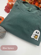 Embroidered Coffee Ghost Tee - Spooky Halloween Coffee Shirt