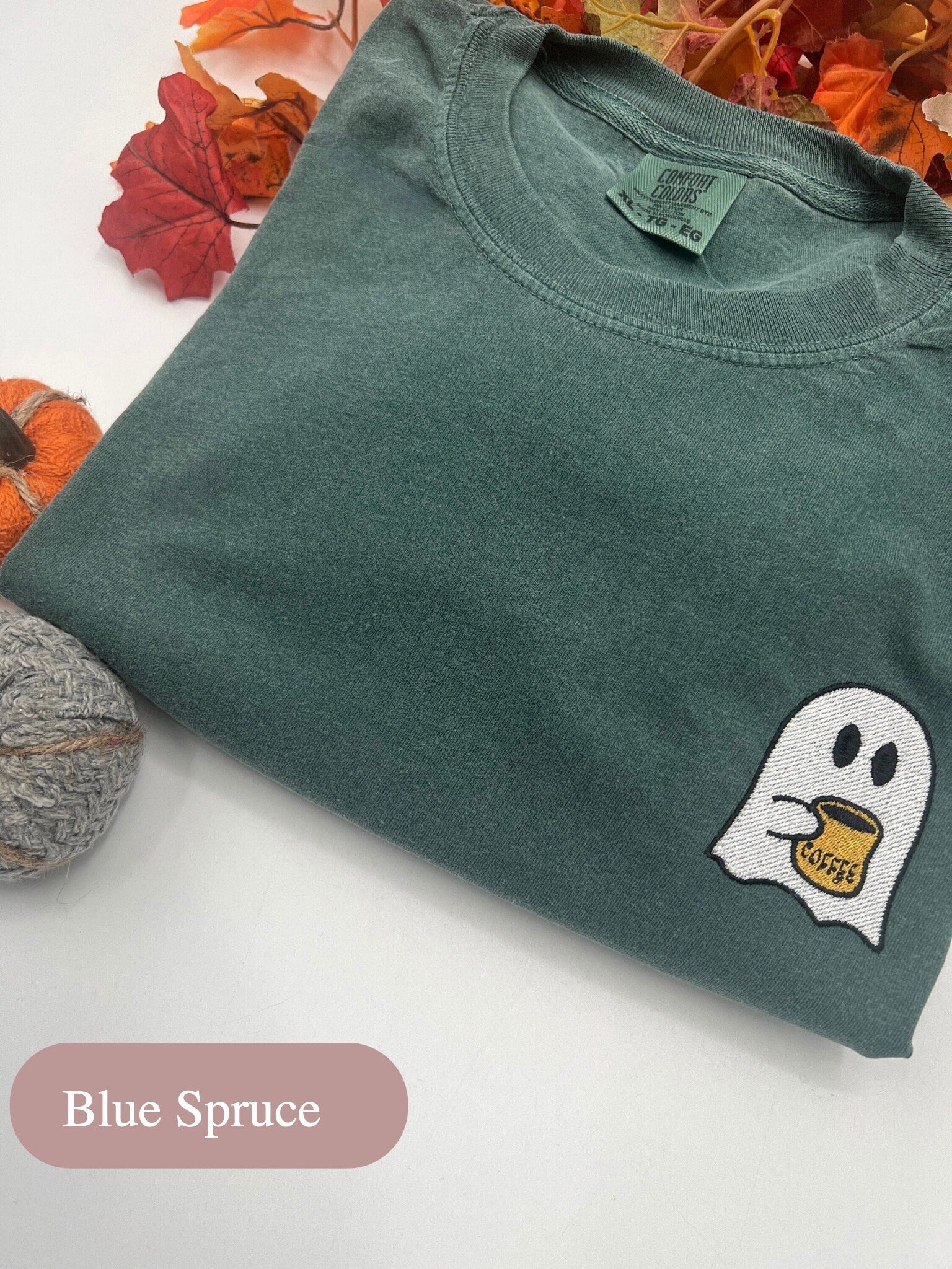 Embroidered Coffee Ghost Tee - Spooky Halloween Coffee Shirt