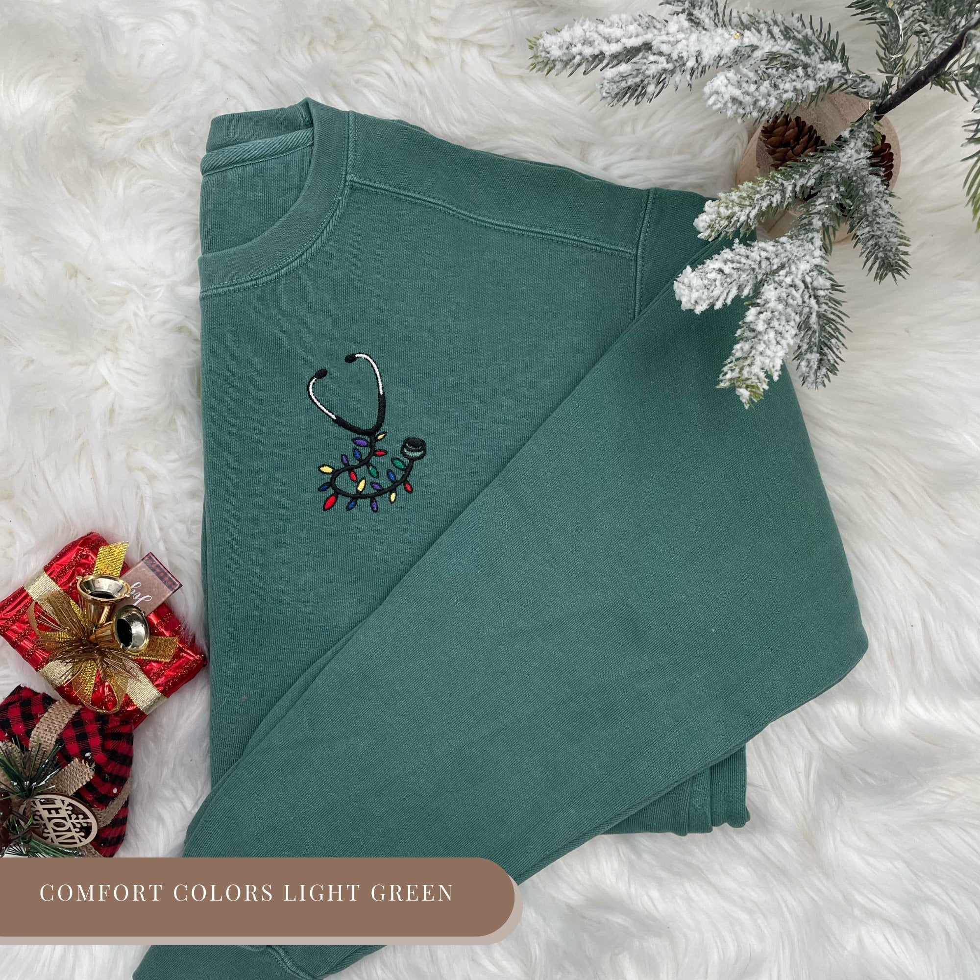 Embroidered Nurse Sweatshirt – Stethoscope with Christmas Lights