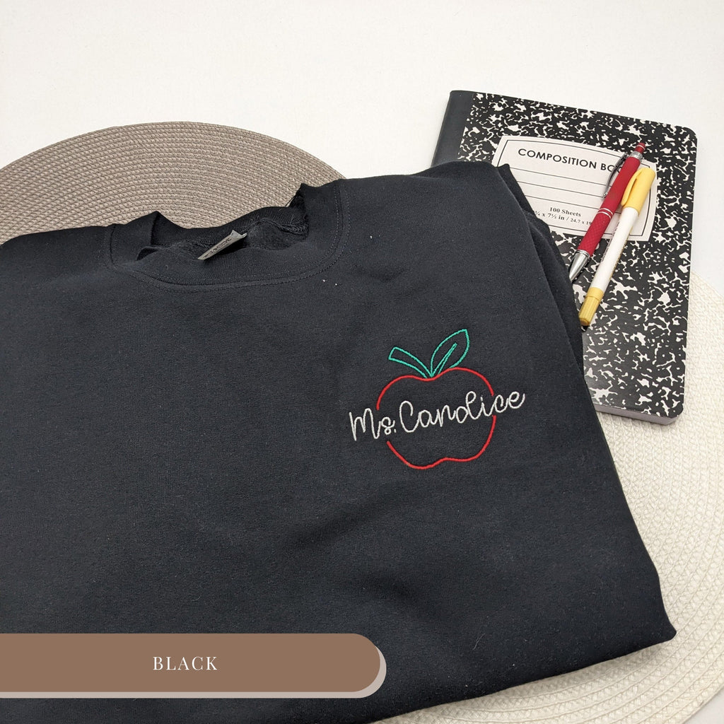 Personalized Teacher Apple Embroidered Sweatshirt – Custom Name Crewneck