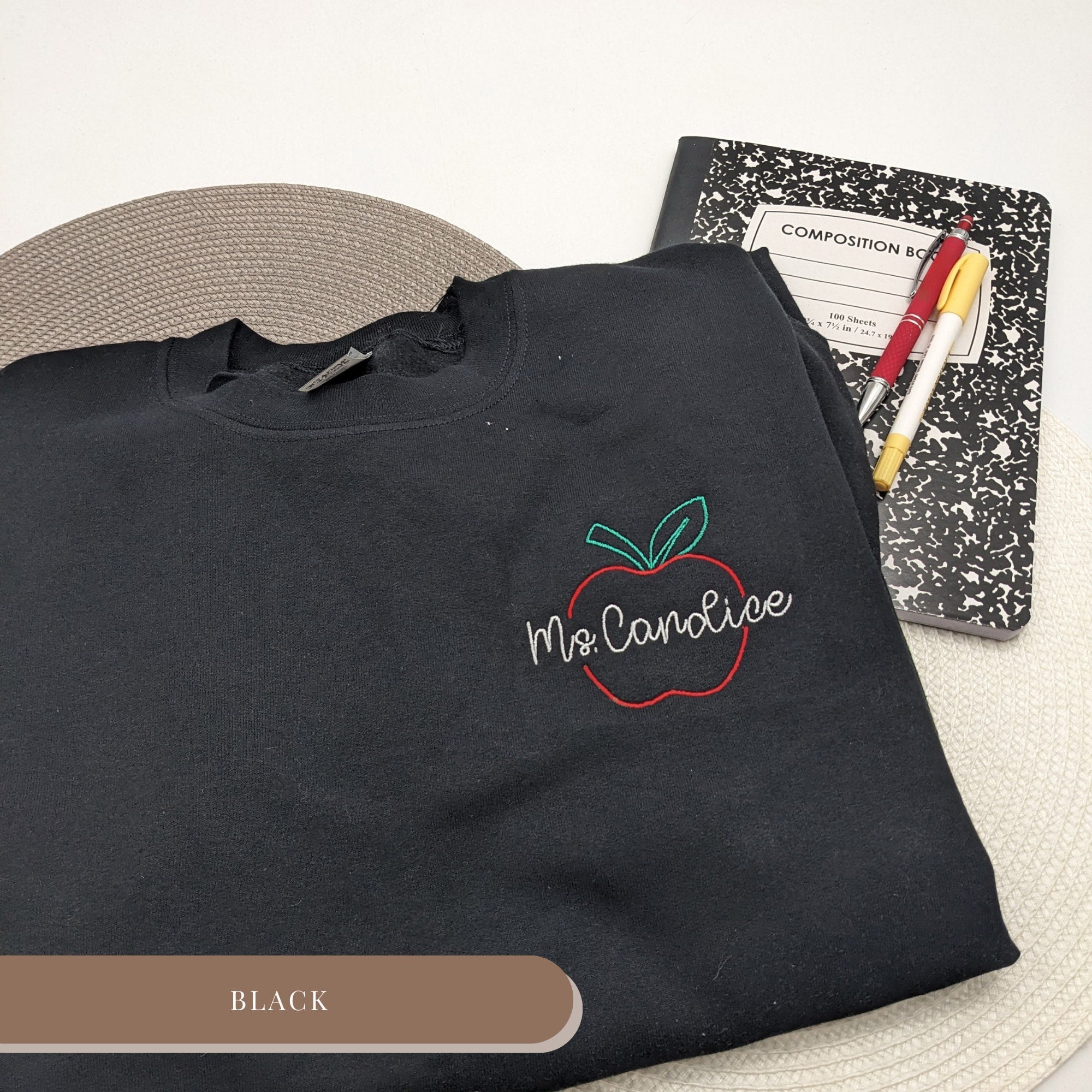 Personalized Teacher Apple Embroidered Sweatshirt – Custom Name Crewneck