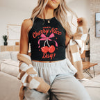 a woman wearing a cherry nice day crop top