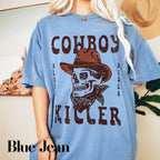 a woman wearing a cowboy shirt with a skull on it