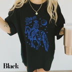 a woman wearing a black shirt with a blue horse on it