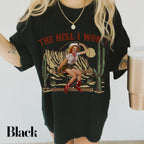 a woman wearing a black t - shirt with a picture of a woman holding a