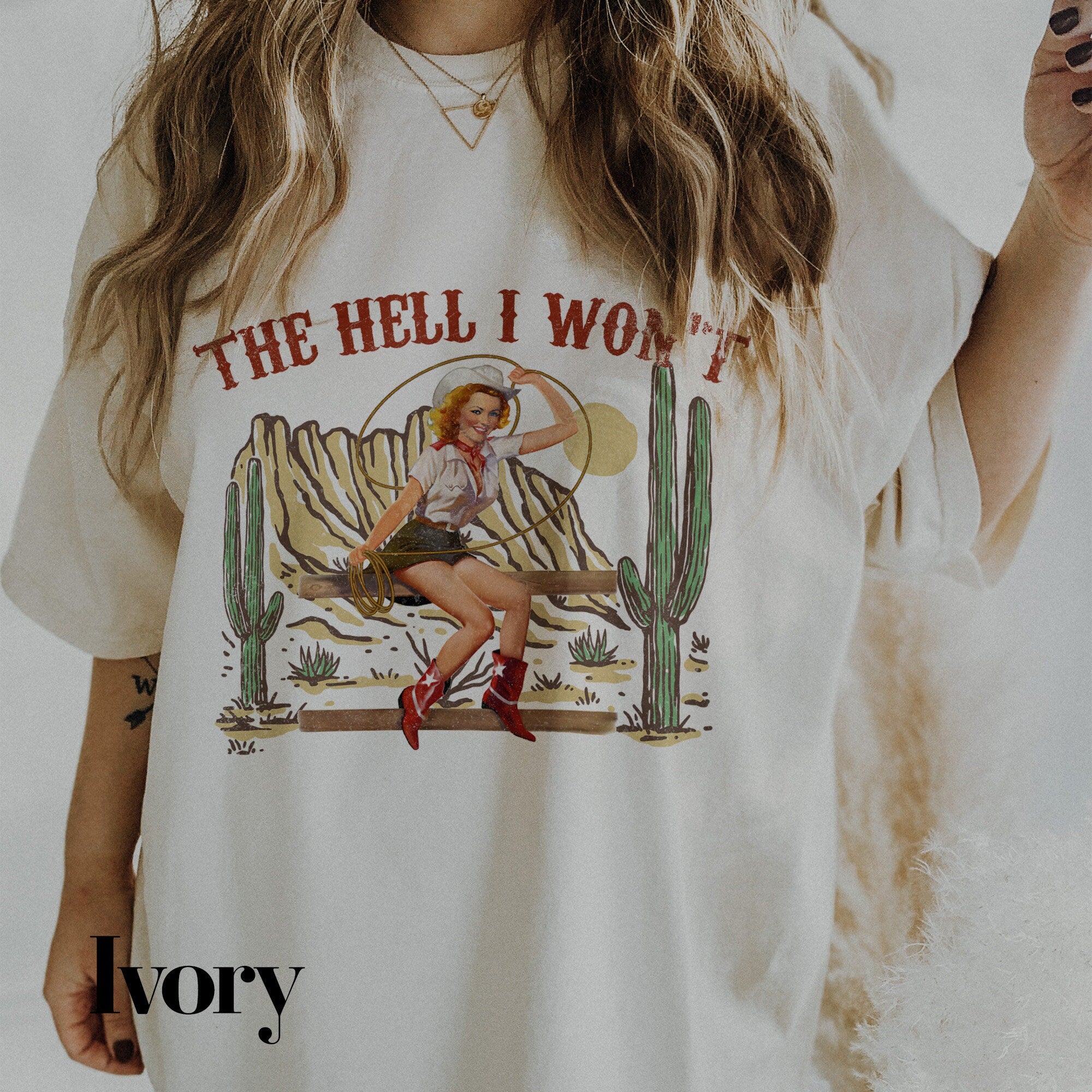 a woman wearing a t - shirt that says the hell i won&#39;t