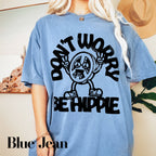 a woman wearing a blue t - shirt that says don&#39;t work, be