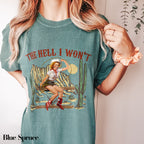 a woman wearing a t - shirt that says the hell i won&#39;t