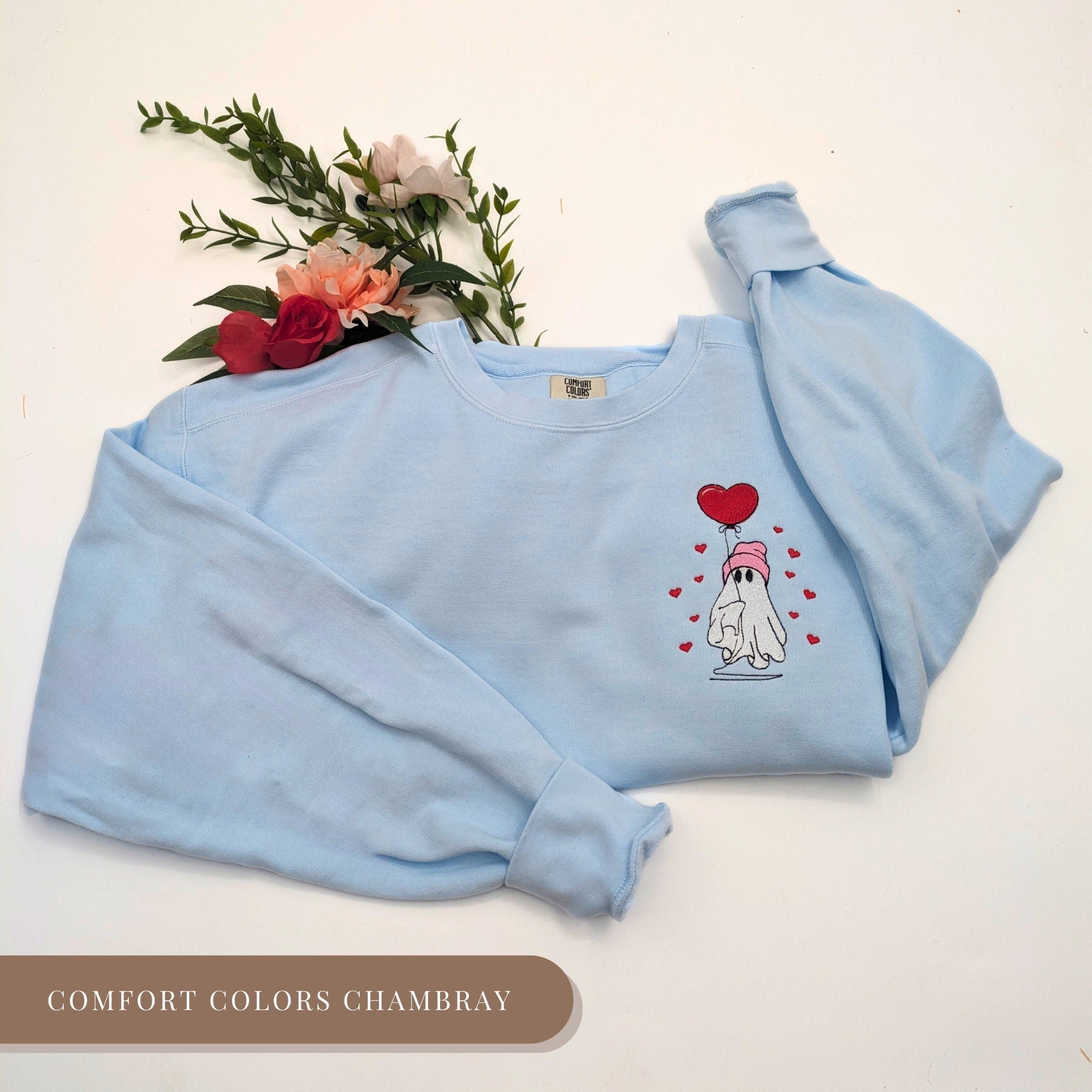 Valentine’s Ghost Embroidered Sweatshirt - Valentine's Day Crewneck